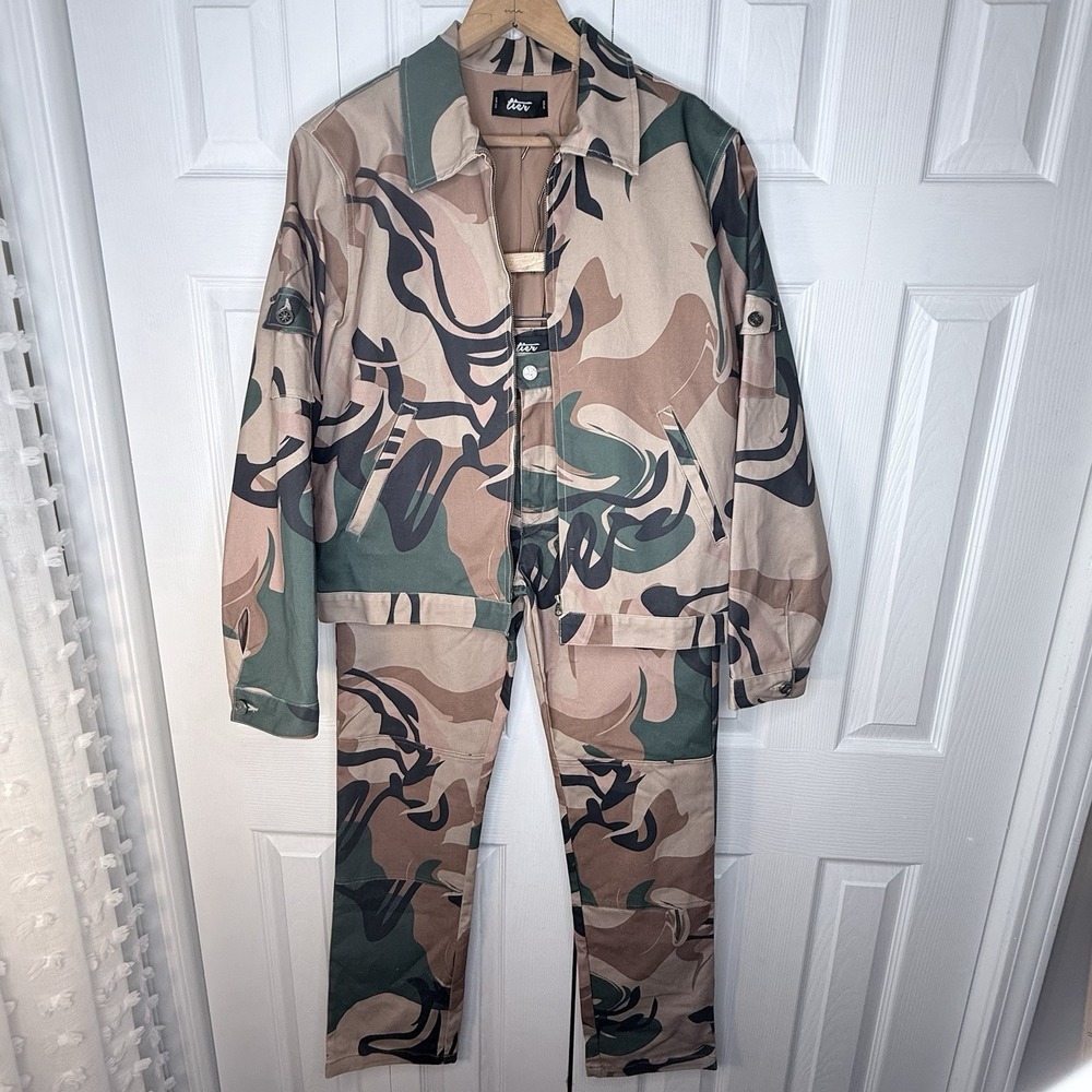 TIER NYC Camo Workwear Jacket &‎ Pants Set NWOT M Green/Brown Unisex Mens 32x32